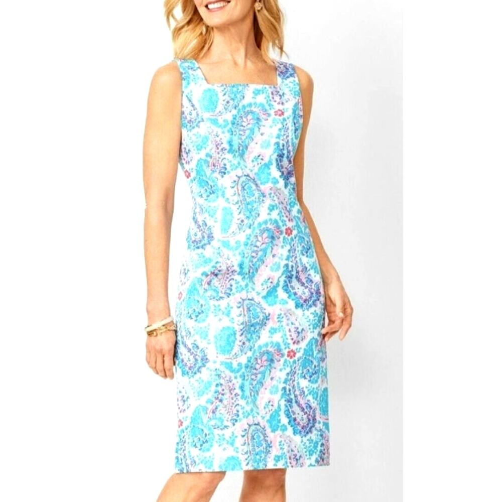 Talbots Fresco Dress Womens Size 4 Petite Turquoise Pink Sheath Career 4P